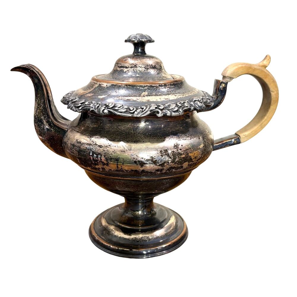 Antique Footed Tea Pot‎ Silver Plated Copper with Wood Handle Patina Shabby Chic